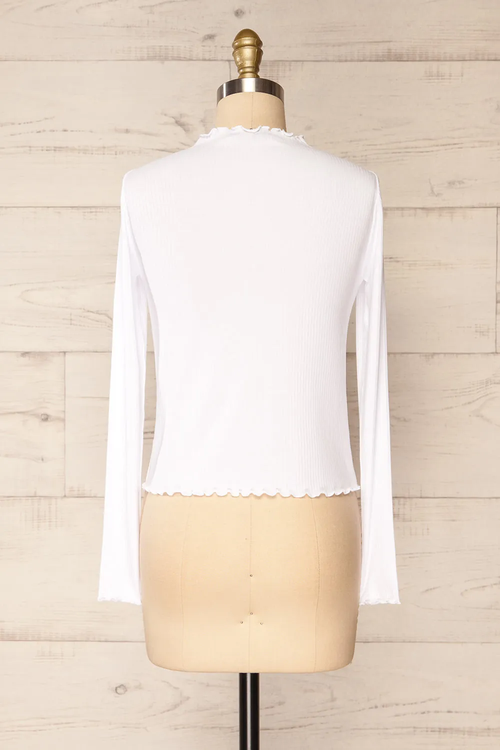 Palencia White | Ribbed Long Sleeve Top w/ Frills