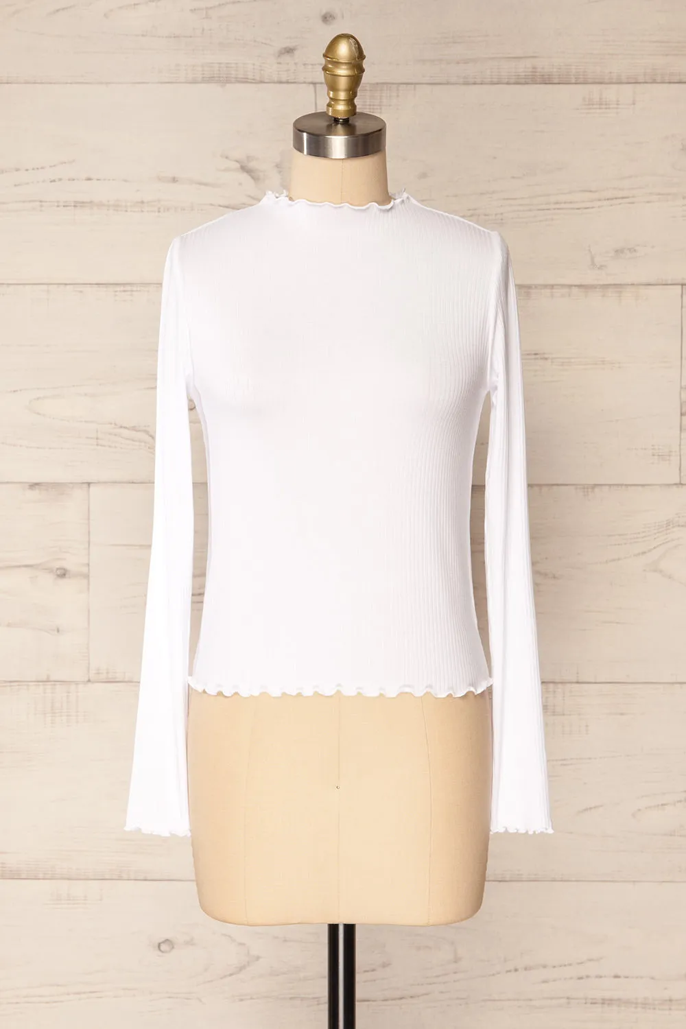 Palencia White | Ribbed Long Sleeve Top w/ Frills