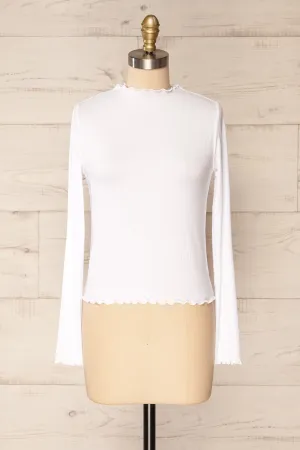 Palencia White | Ribbed Long Sleeve Top w/ Frills