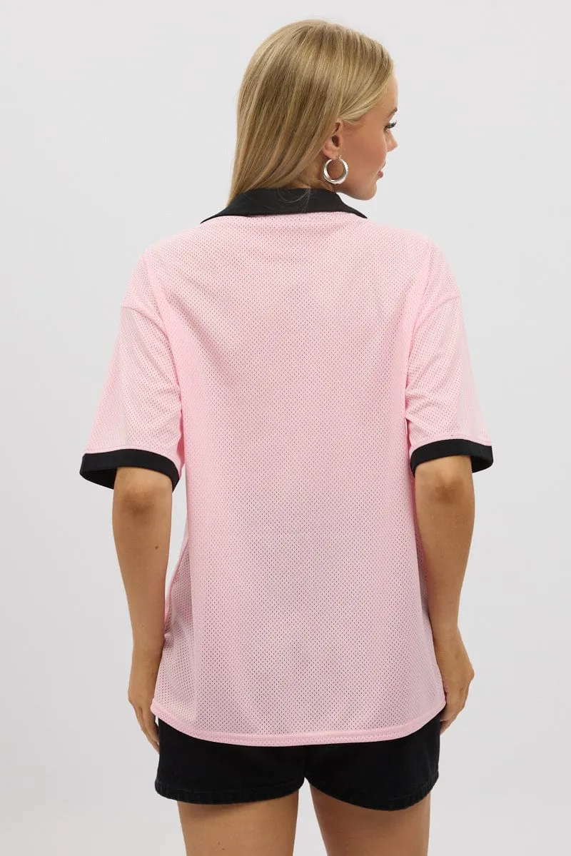 Pink Sport Tee Collar Short Sleeve