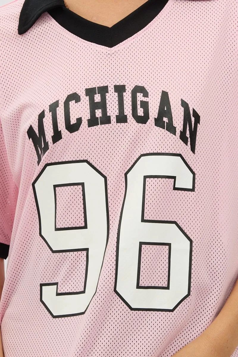 Pink Sport Tee Collar Short Sleeve