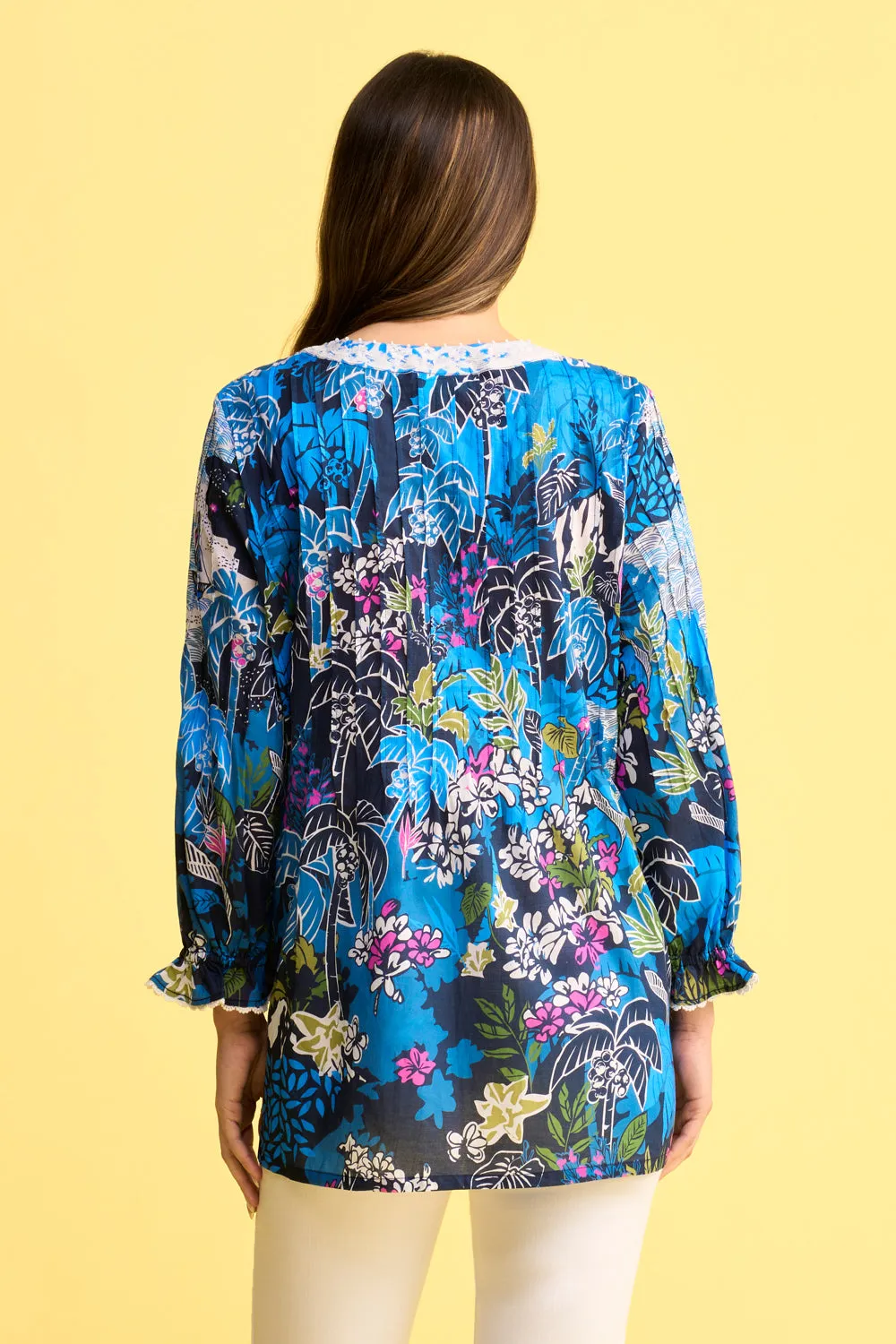 Pleated Cotton Blouse - Corsica Scenic Print