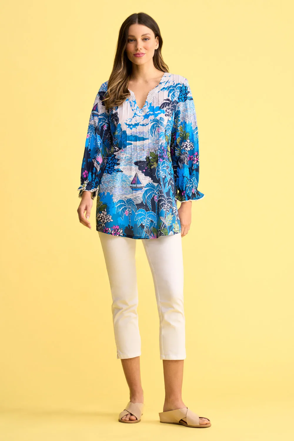 Pleated Cotton Blouse - Corsica Scenic Print