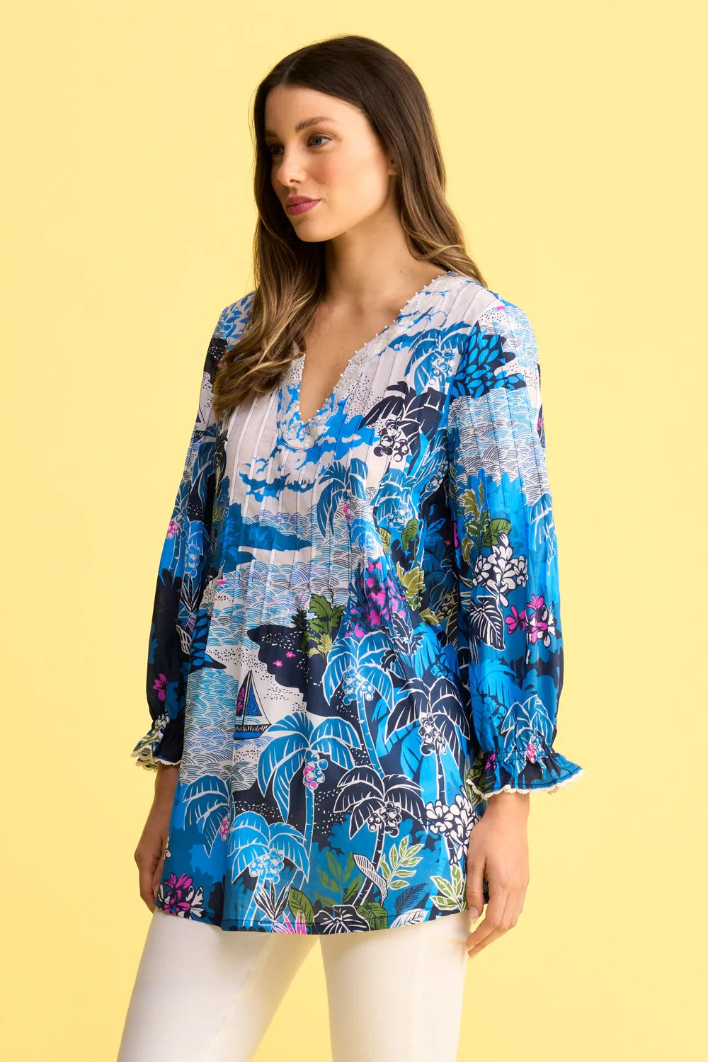 Pleated Cotton Blouse - Corsica Scenic Print