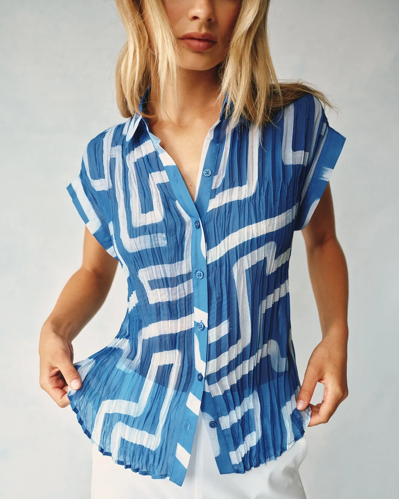Pleated Roll Sleeve Button Down - Coastal Line Print