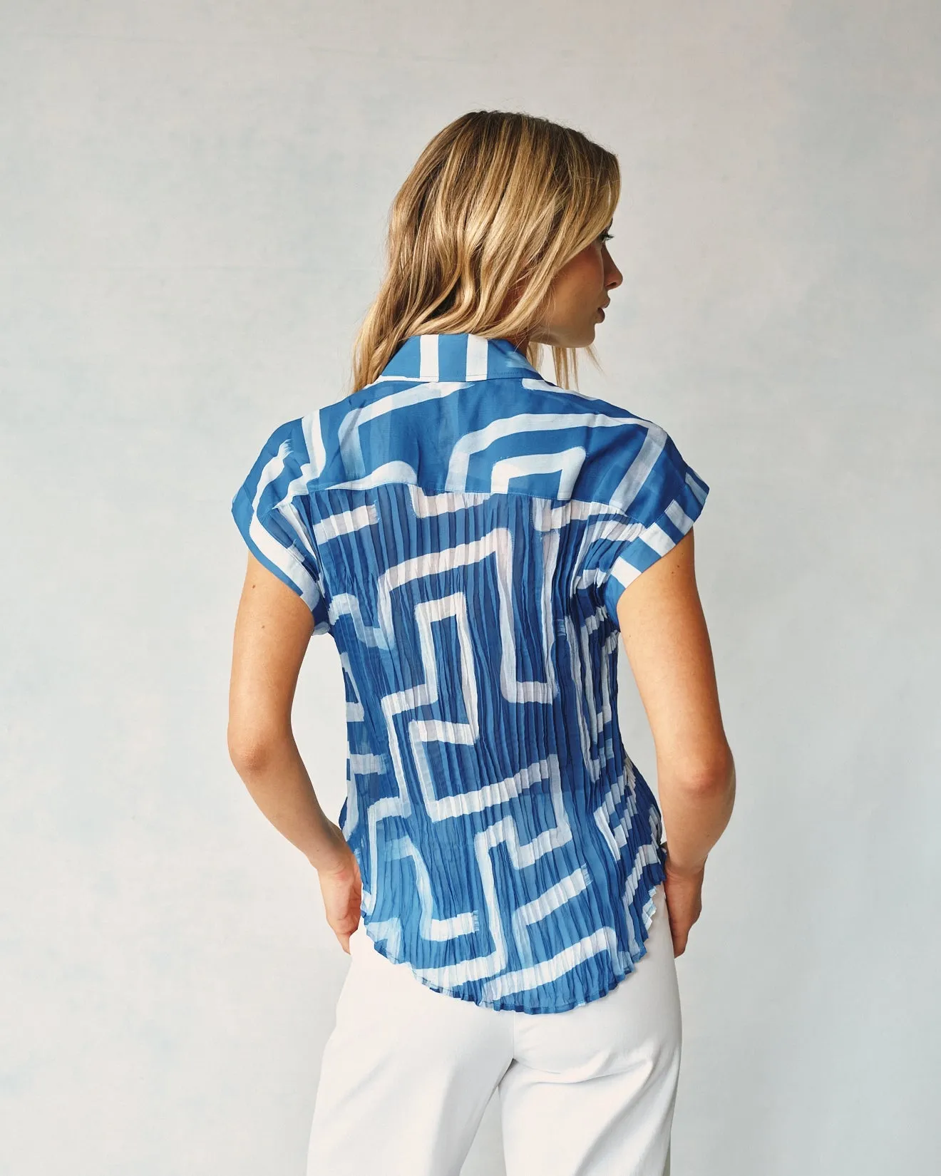 Pleated Roll Sleeve Button Down - Coastal Line Print