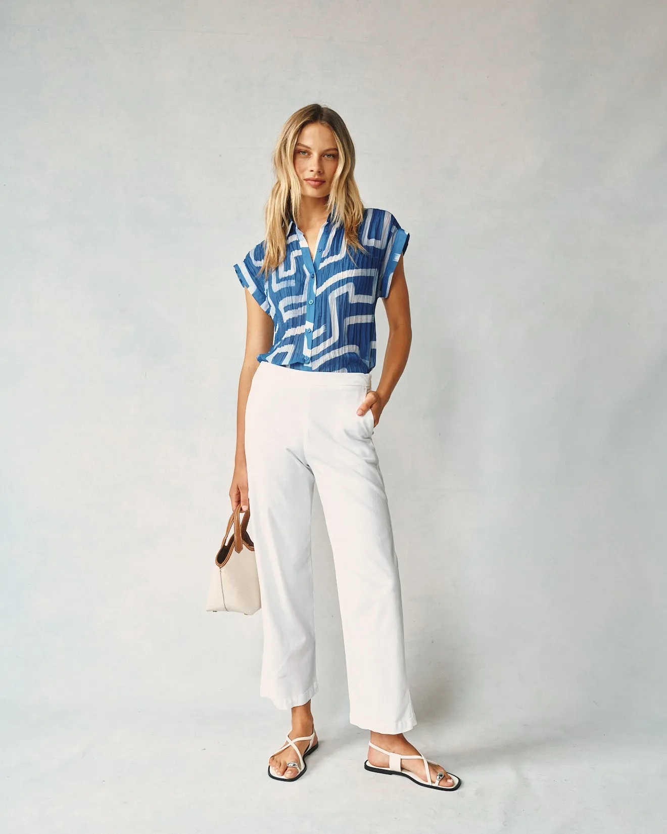 Pleated Roll Sleeve Button Down - Coastal Line Print