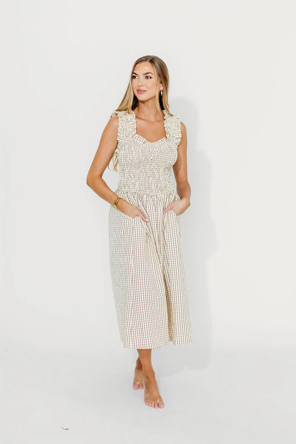 Ramona Plaid Smocked Midi Dress in Cream