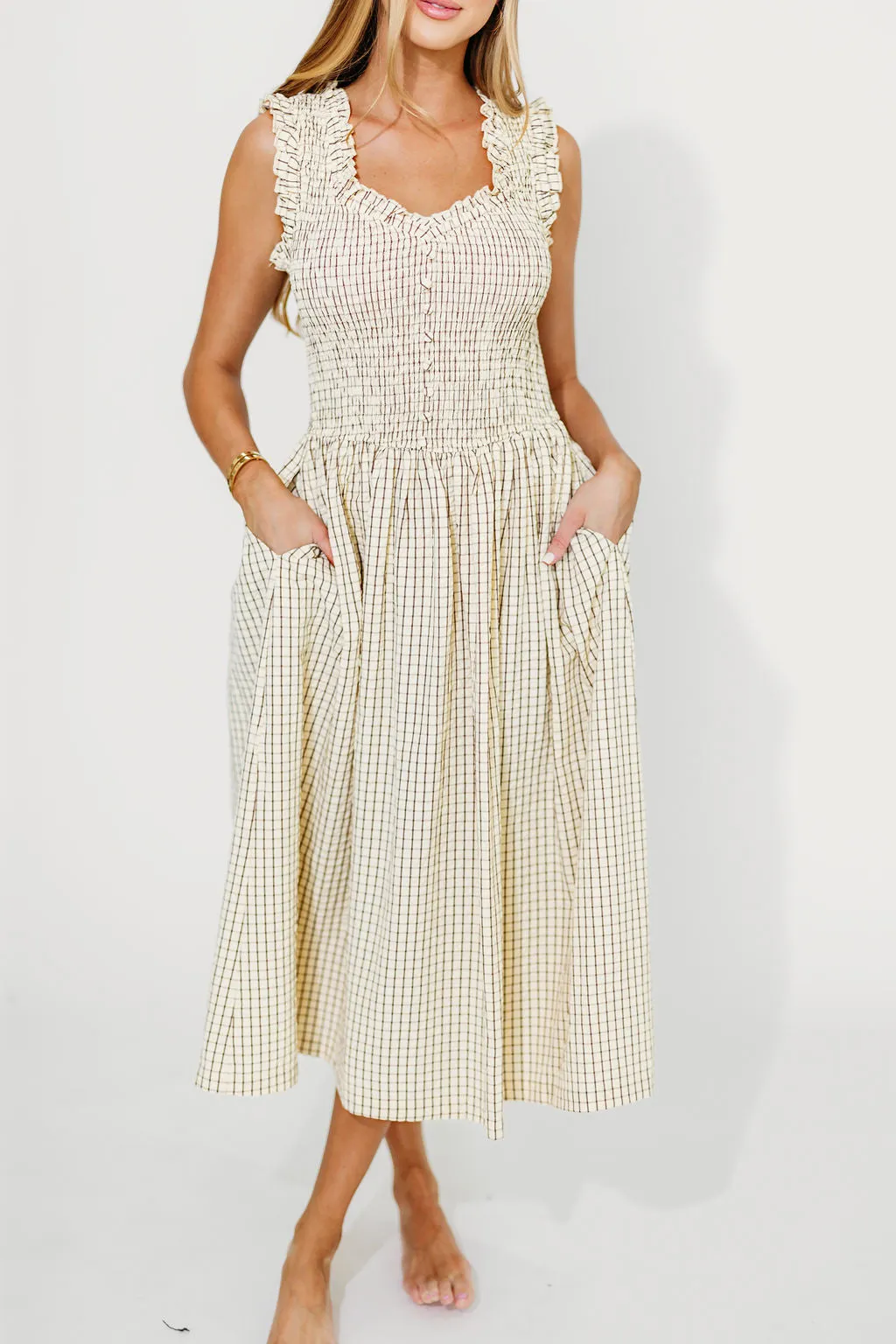 Ramona Plaid Smocked Midi Dress in Cream