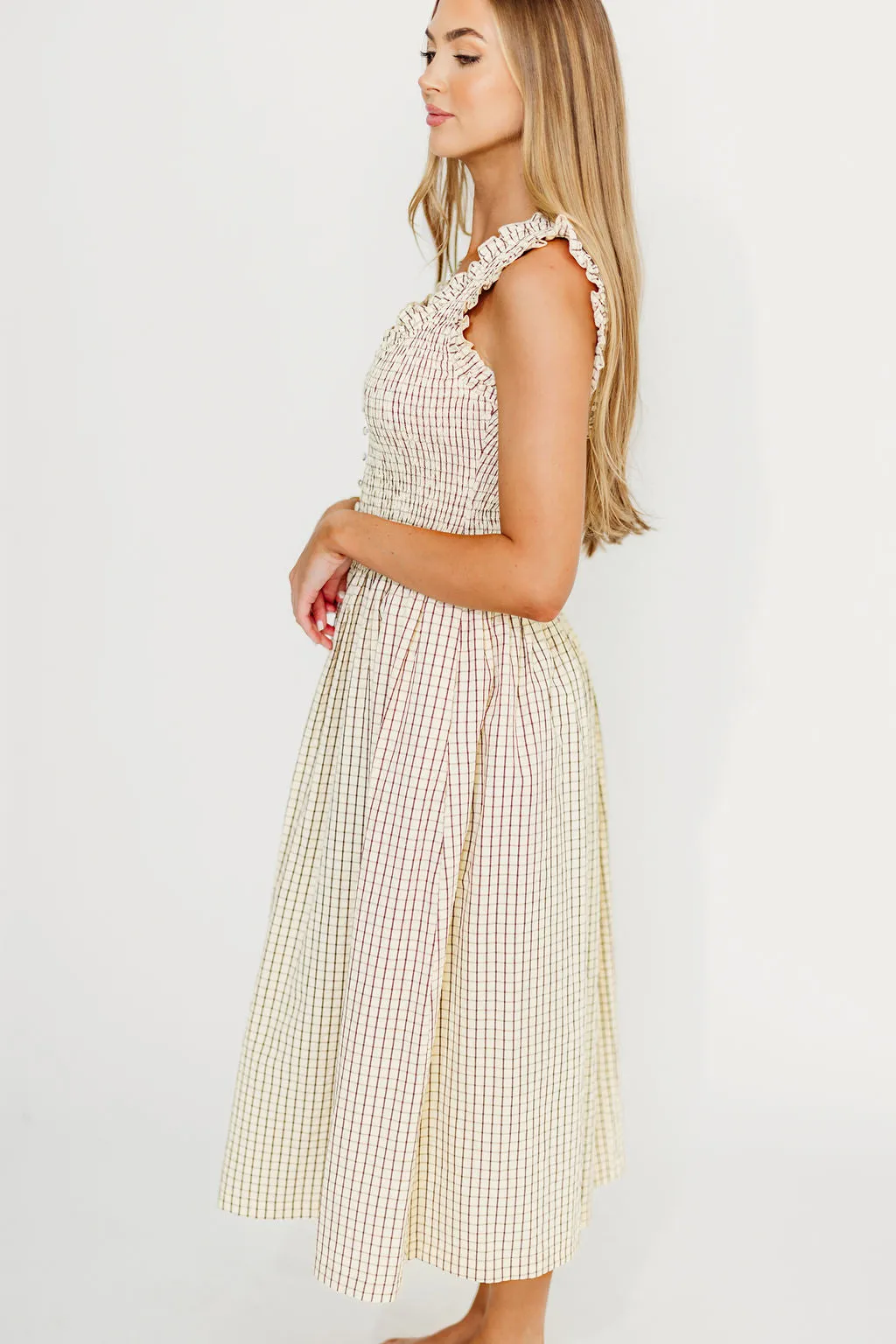 Ramona Plaid Smocked Midi Dress in Cream