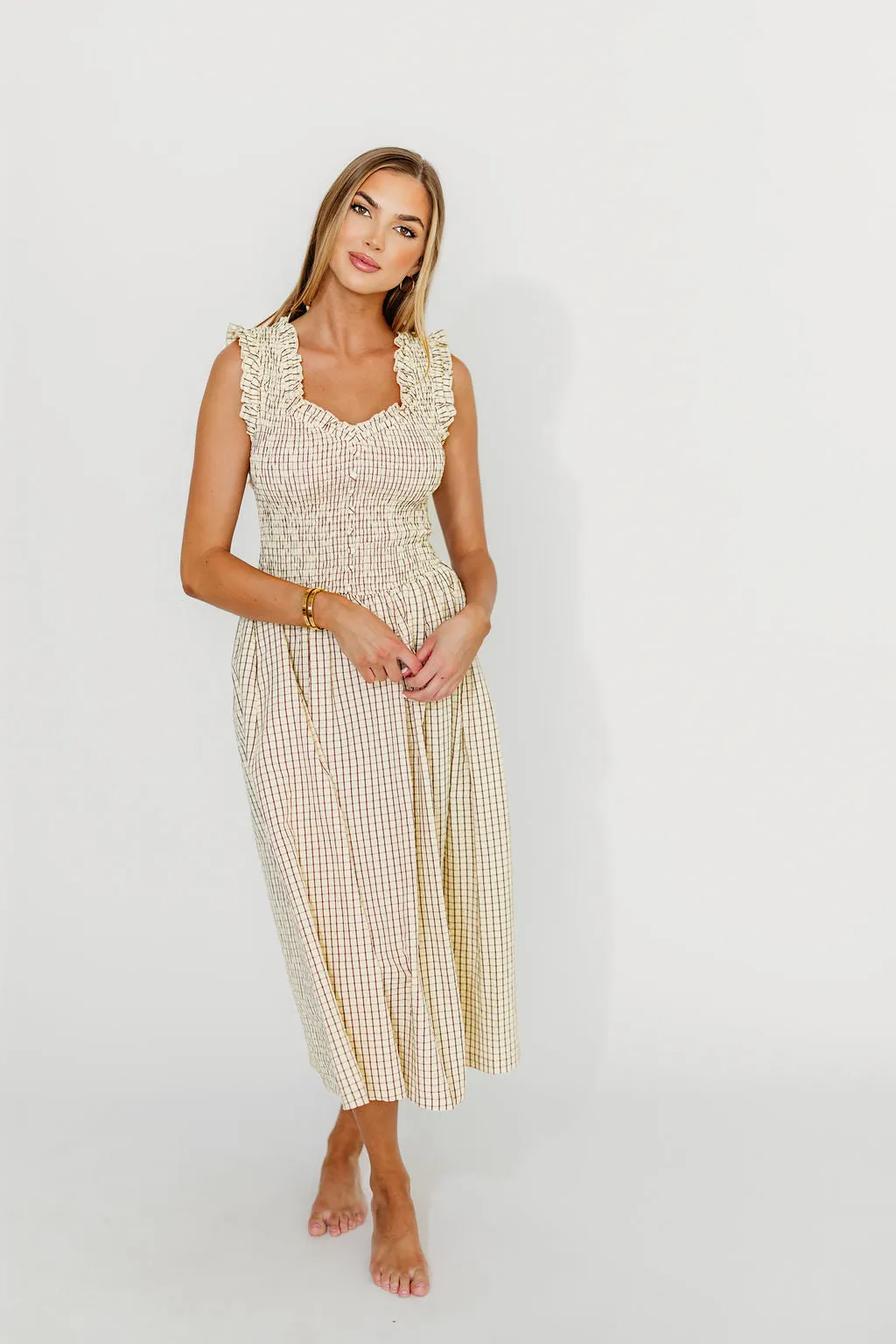 Ramona Plaid Smocked Midi Dress in Cream