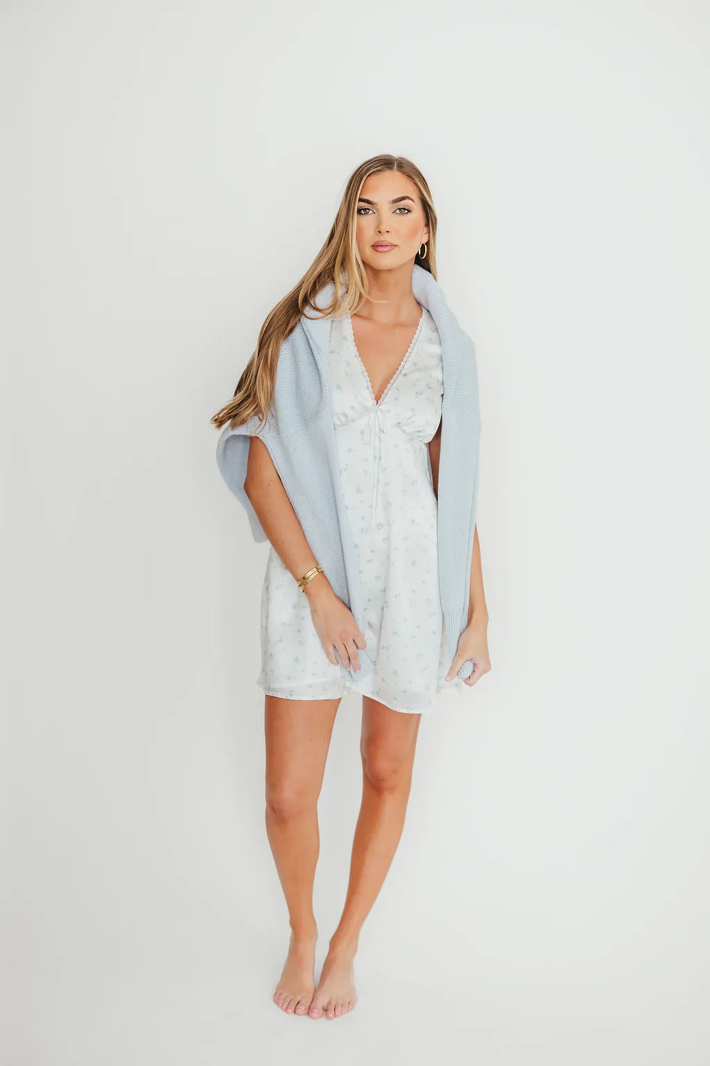 Reign Lace Trim Slip Dress in White/Blue Floral