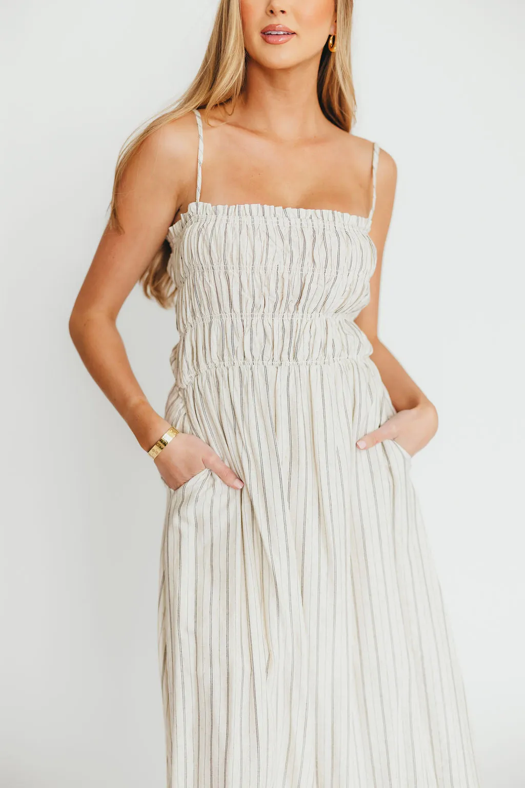 Riley Striped Linen Midi Dress in Ivory