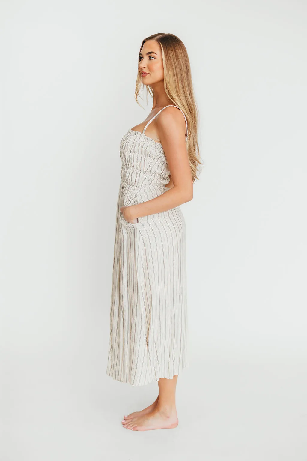 Riley Striped Linen Midi Dress in Ivory