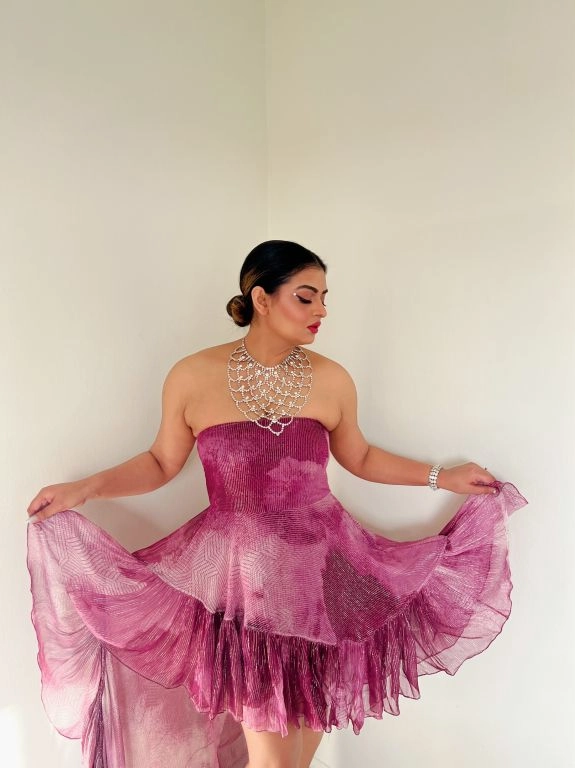 Rini Jain in our Ruby Printed Lurex Asymmetrical Ruffle Dress from Matrix Collection
