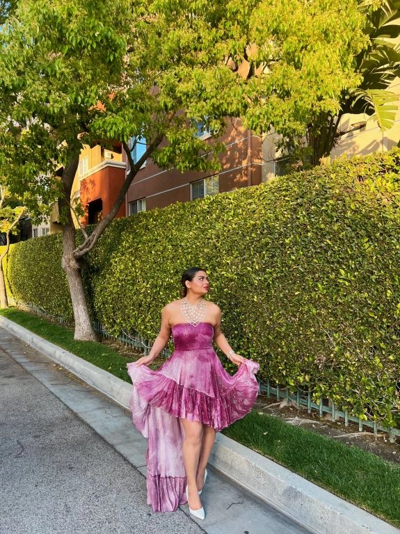 Rini Jain in our Ruby Printed Lurex Asymmetrical Ruffle Dress from Matrix Collection