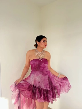 Rini Jain in our Ruby Printed Lurex Asymmetrical Ruffle Dress from Matrix Collection