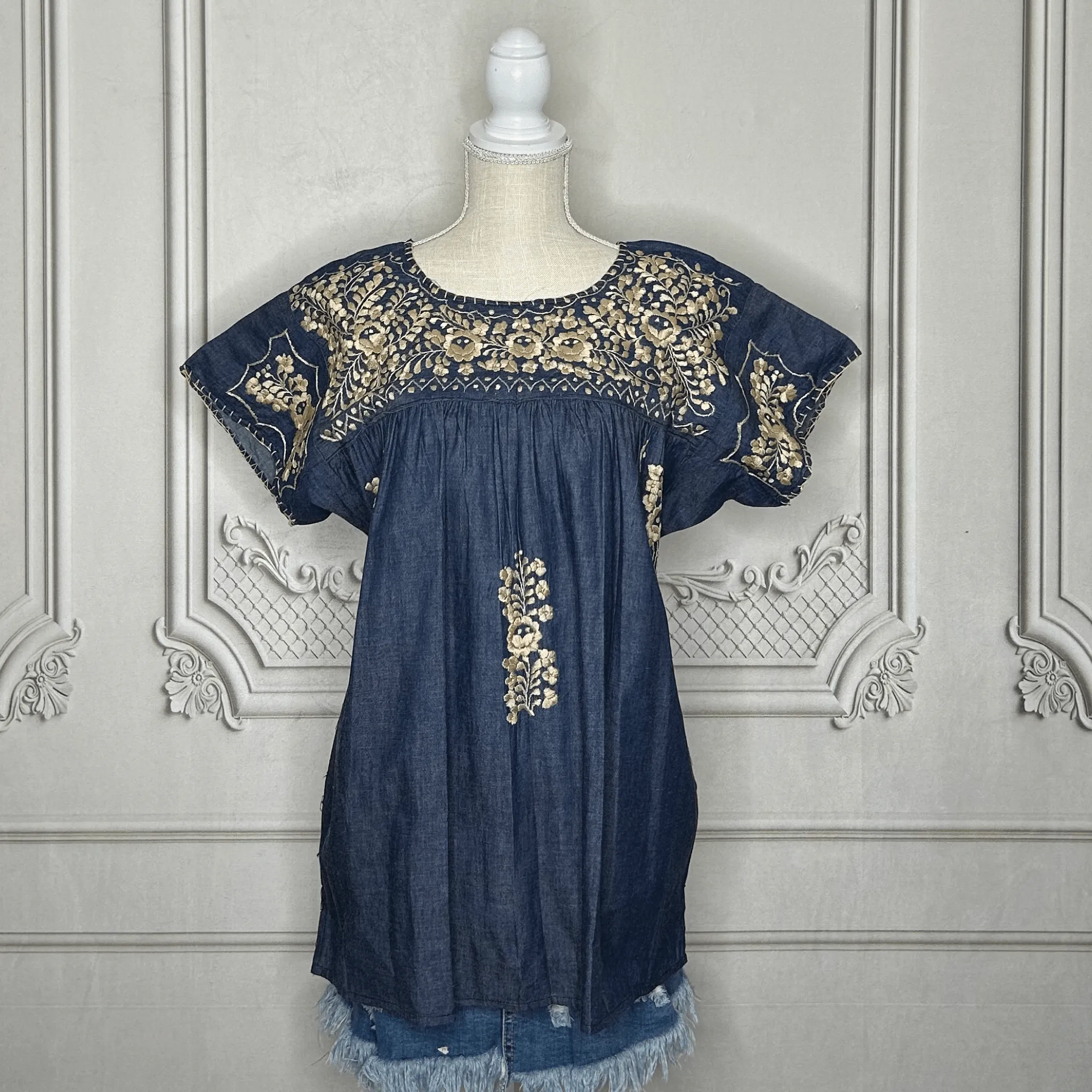 San Antonino Mexican Denim Blouse - Sandrita Gold