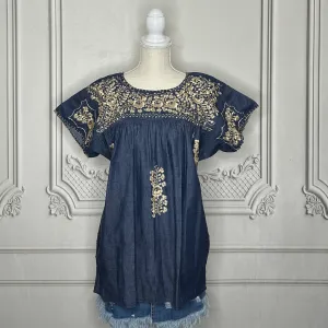 San Antonino Mexican Denim Blouse - Sandrita Gold