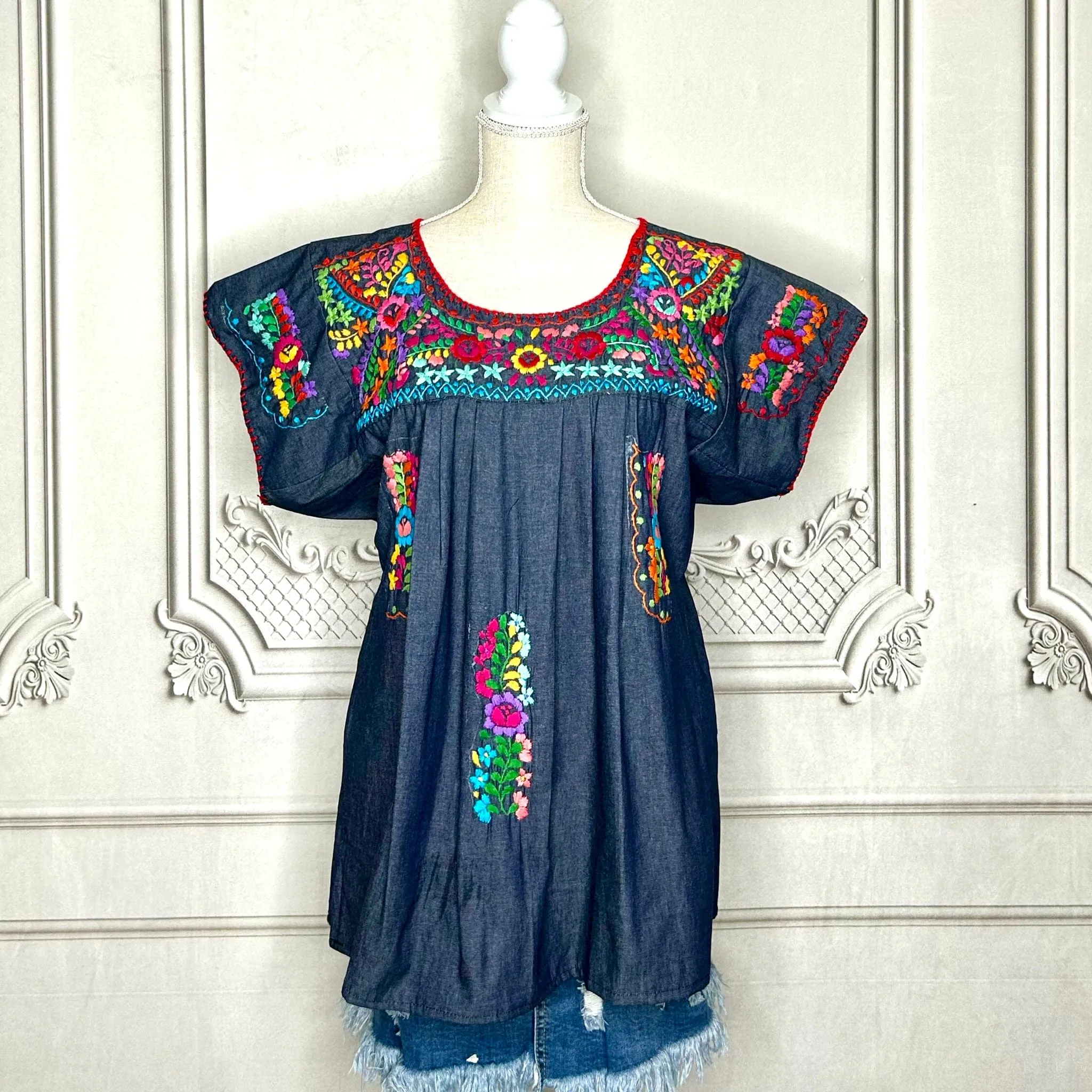 San Antonino Mexican Denim Blouse - Sandrita Multi