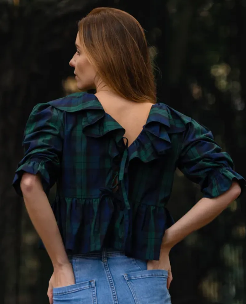 Second Stories Reversible Ruffle Black Watch Tartan Top
