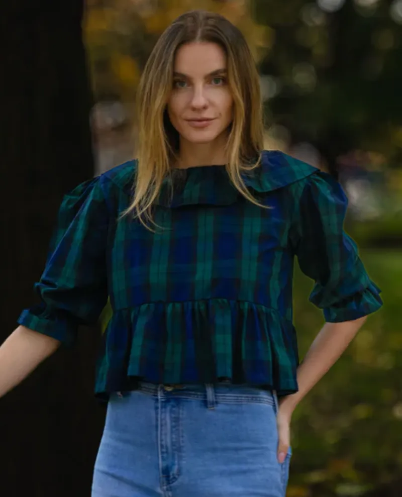 Second Stories Reversible Ruffle Black Watch Tartan Top