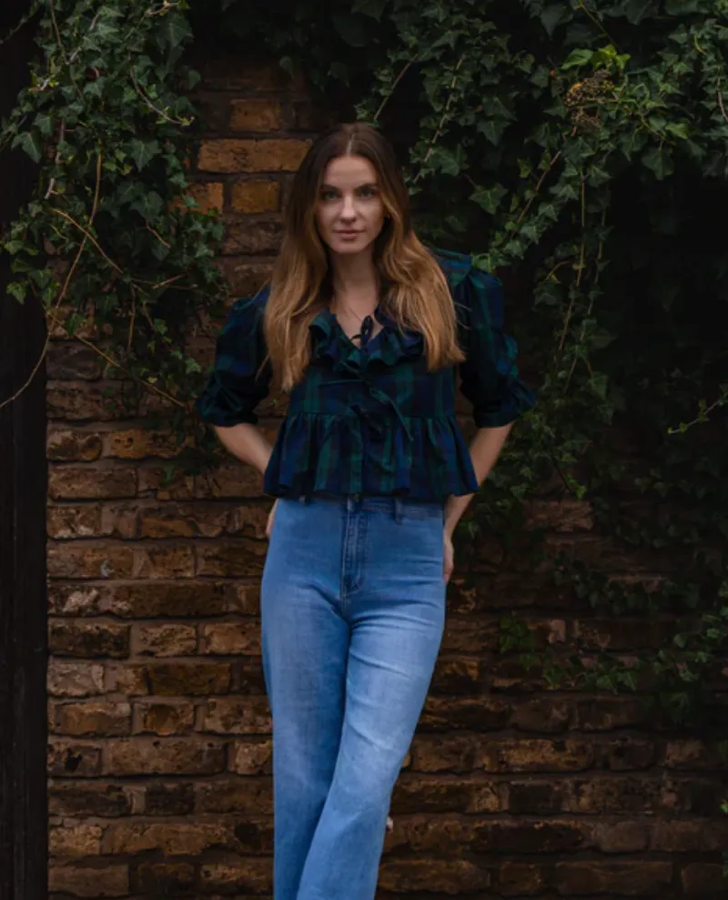 Second Stories Reversible Ruffle Black Watch Tartan Top