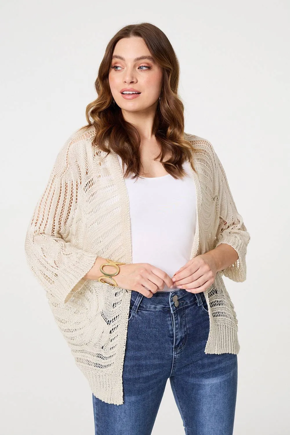 Sheer Crochet 3/4 Sleeve Open Cardigan