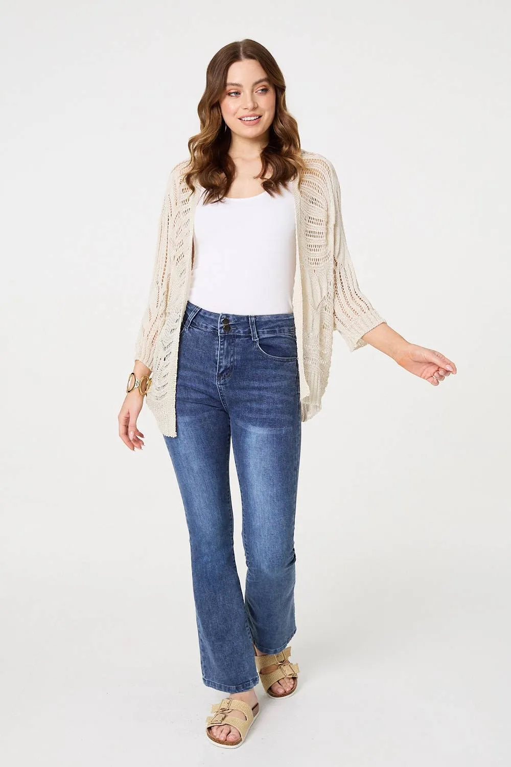 Sheer Crochet 3/4 Sleeve Open Cardigan