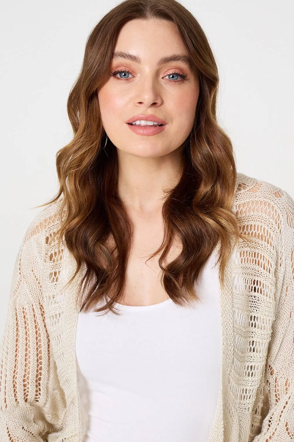 Sheer Crochet 3/4 Sleeve Open Cardigan