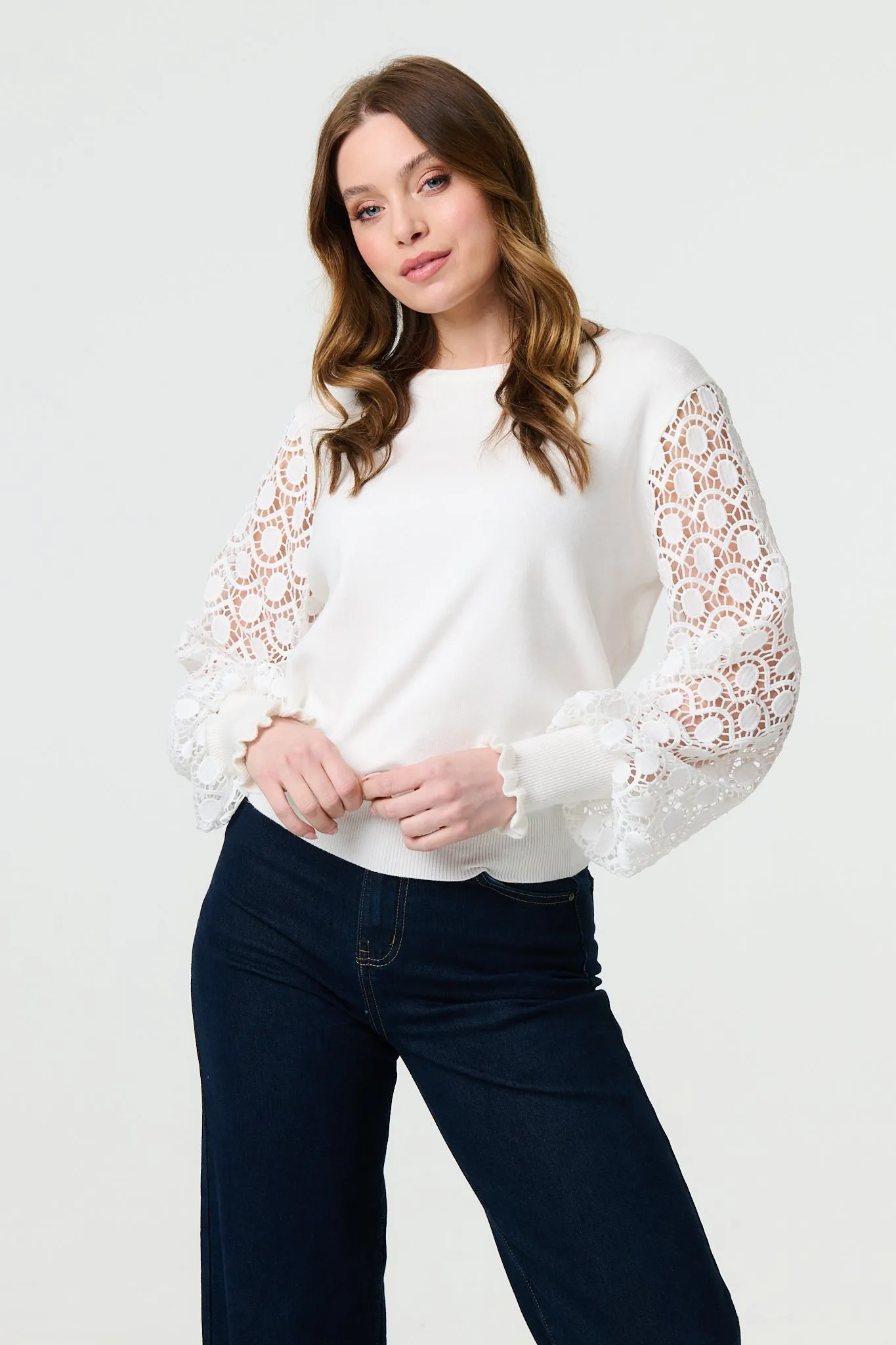 Sheer Lace Sleeve Knitted Jumper