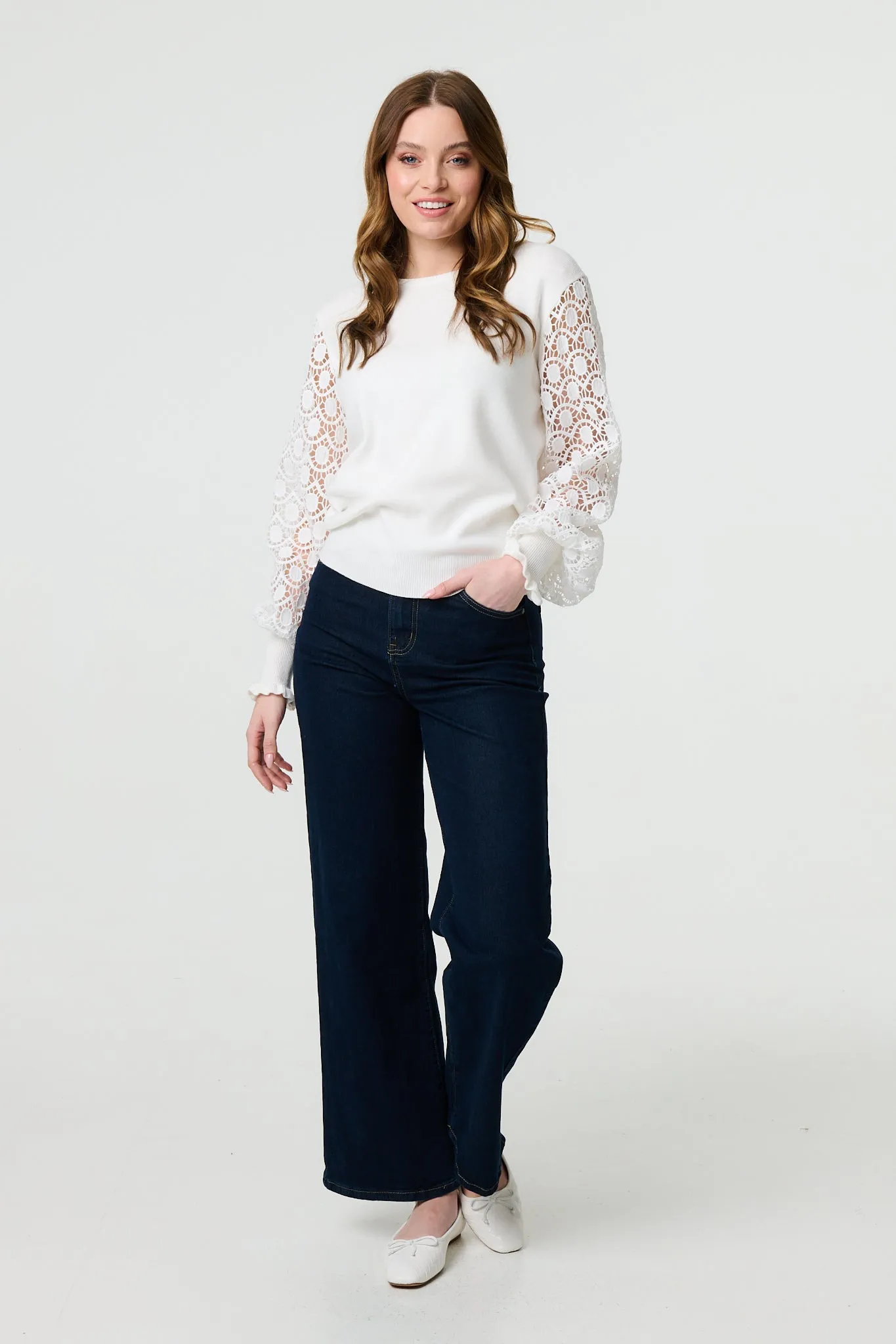 Sheer Lace Sleeve Knitted Jumper