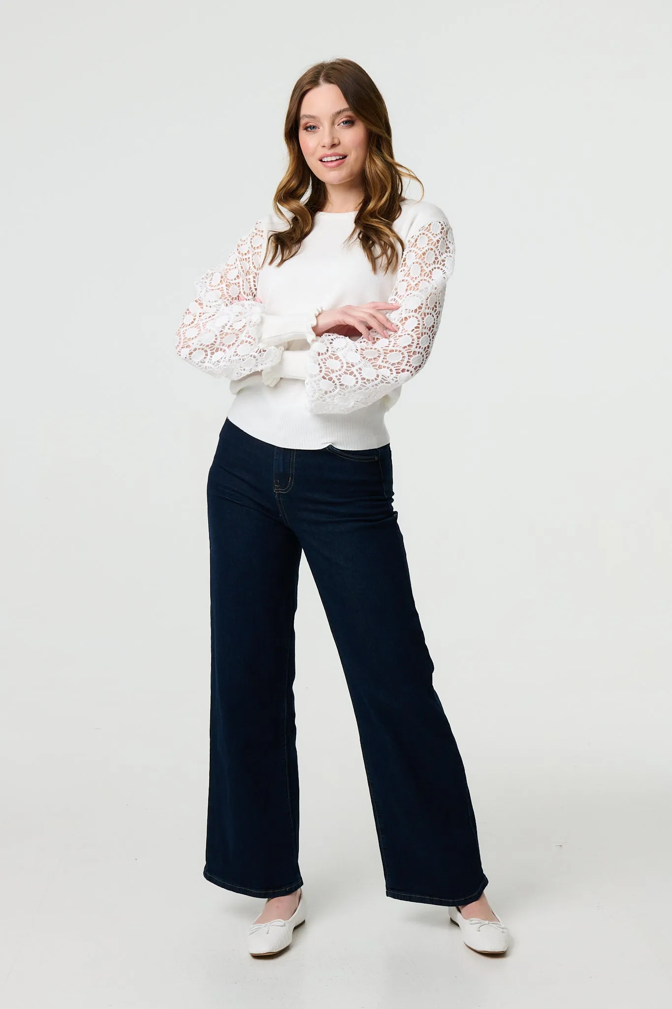 Sheer Lace Sleeve Knitted Jumper