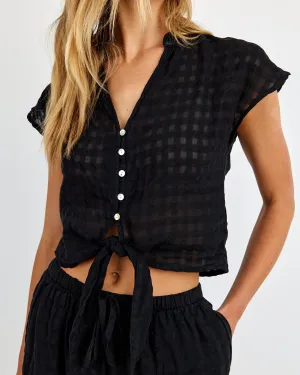 Short Sleeve Tie Front Top - Black