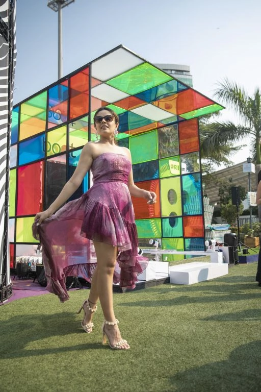 Simran Luthria in our Ruby Printed Lurex Asymmetrical Ruffle Dress from Matrix Collection