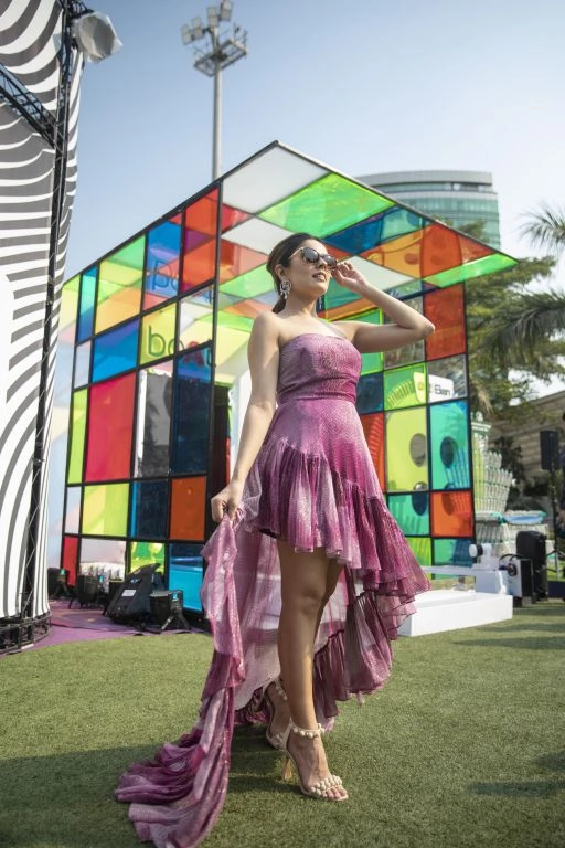 Simran Luthria in our Ruby Printed Lurex Asymmetrical Ruffle Dress from Matrix Collection