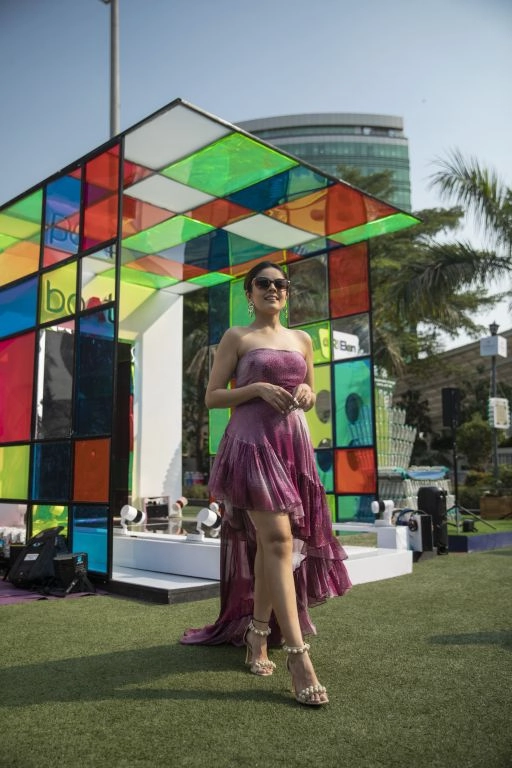 Simran Luthria in our Ruby Printed Lurex Asymmetrical Ruffle Dress from Matrix Collection