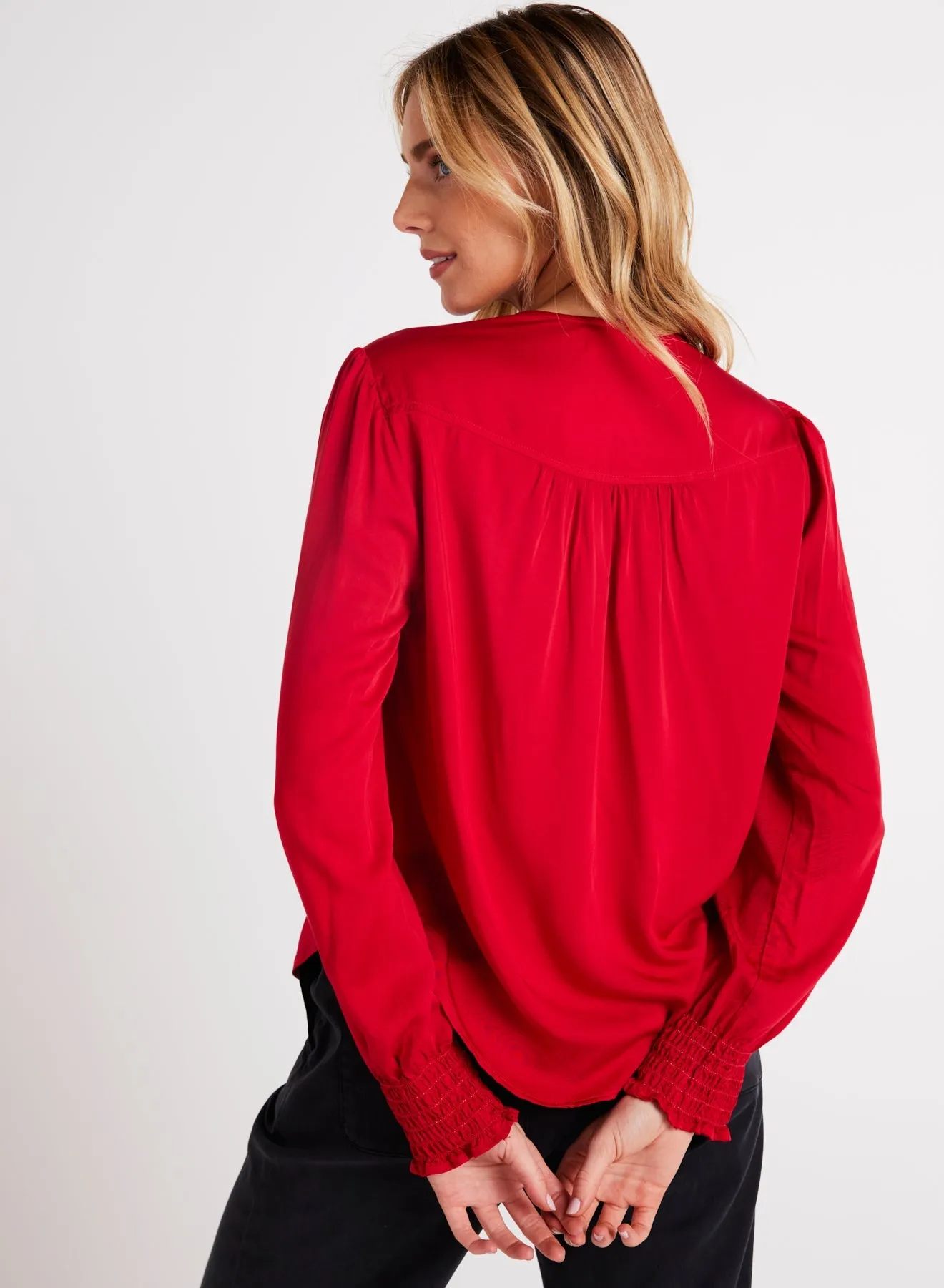 Smocked Cuff Button Down - Cherry Red