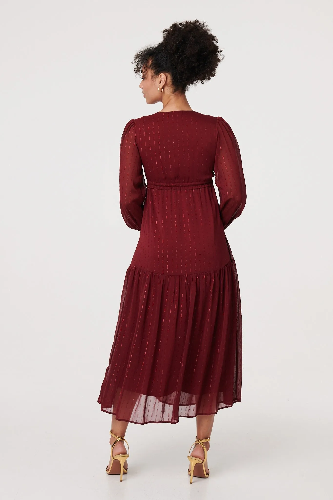 Sparkly Semi Sheer Long Sleeve Midi Dress