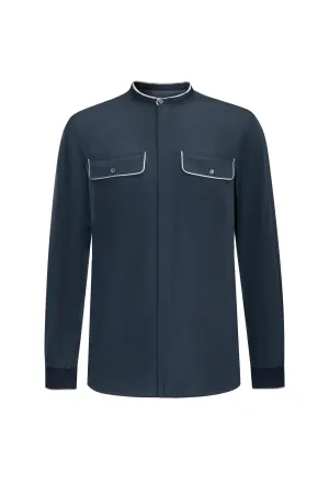 Stand-collar Contrast-trim Chest-pocket Shirt
