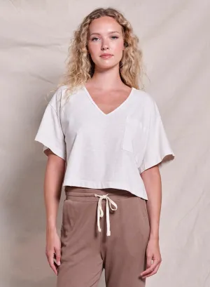 Sundry Crop V-Neck Pocket Tee in Optic White