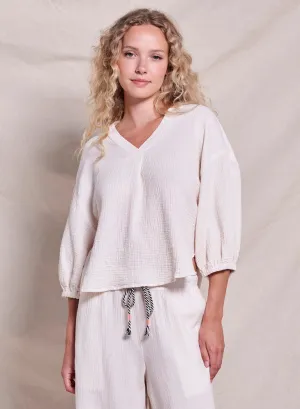 Sundry Double Gauze V-Neck Top in Oyster