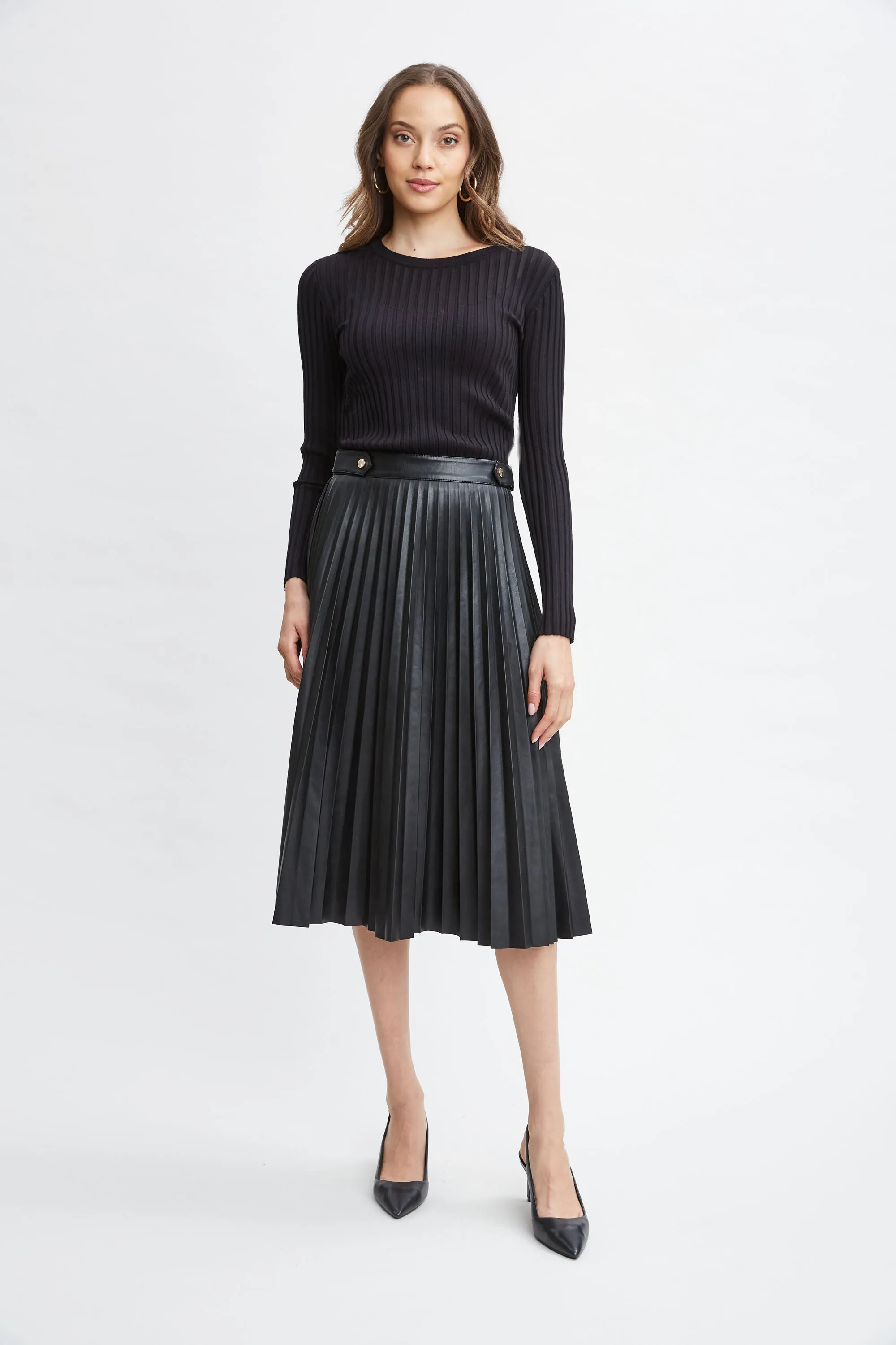 T-Tahari Vegan Leather Pleated Midi Skirt