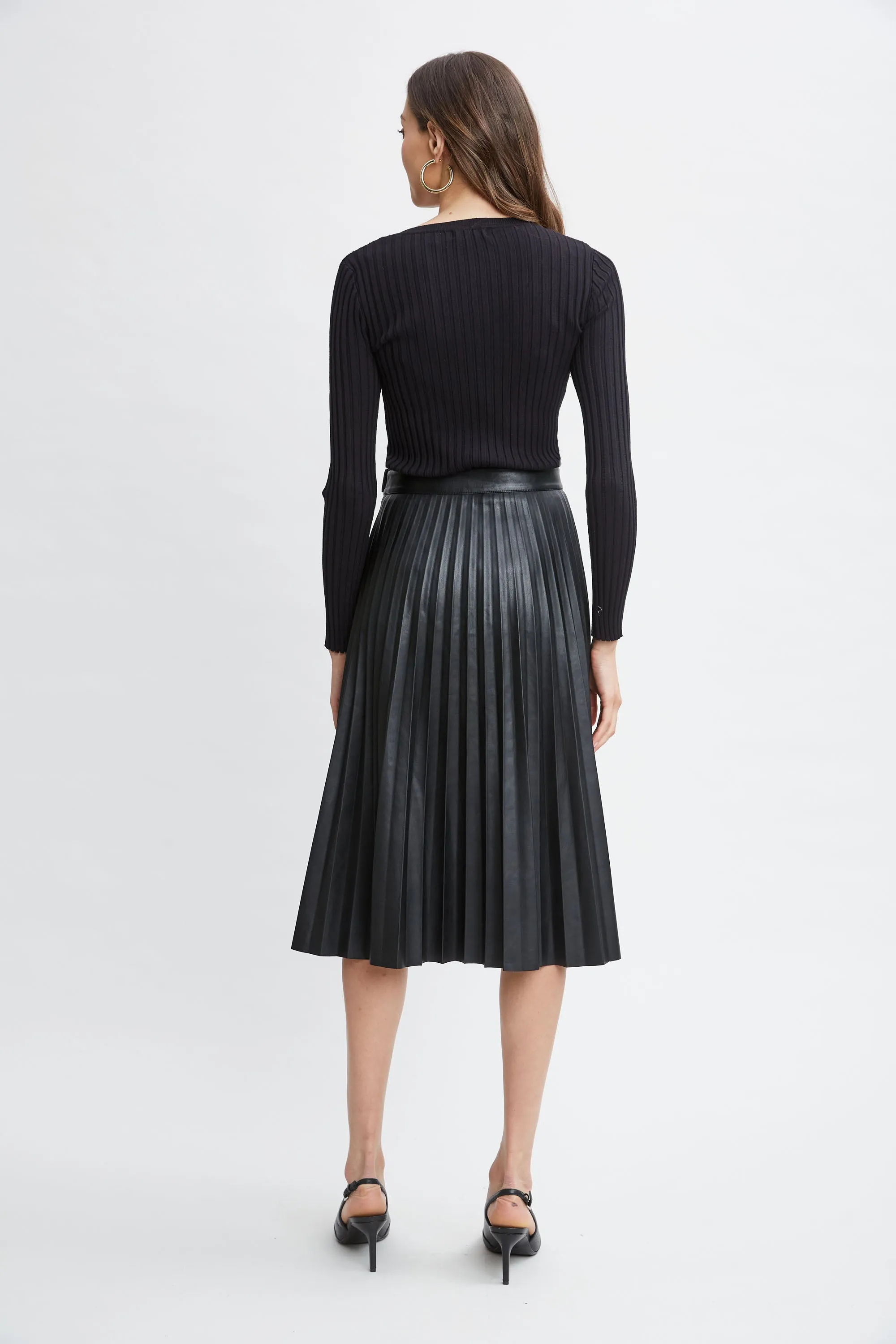 T-Tahari Vegan Leather Pleated Midi Skirt