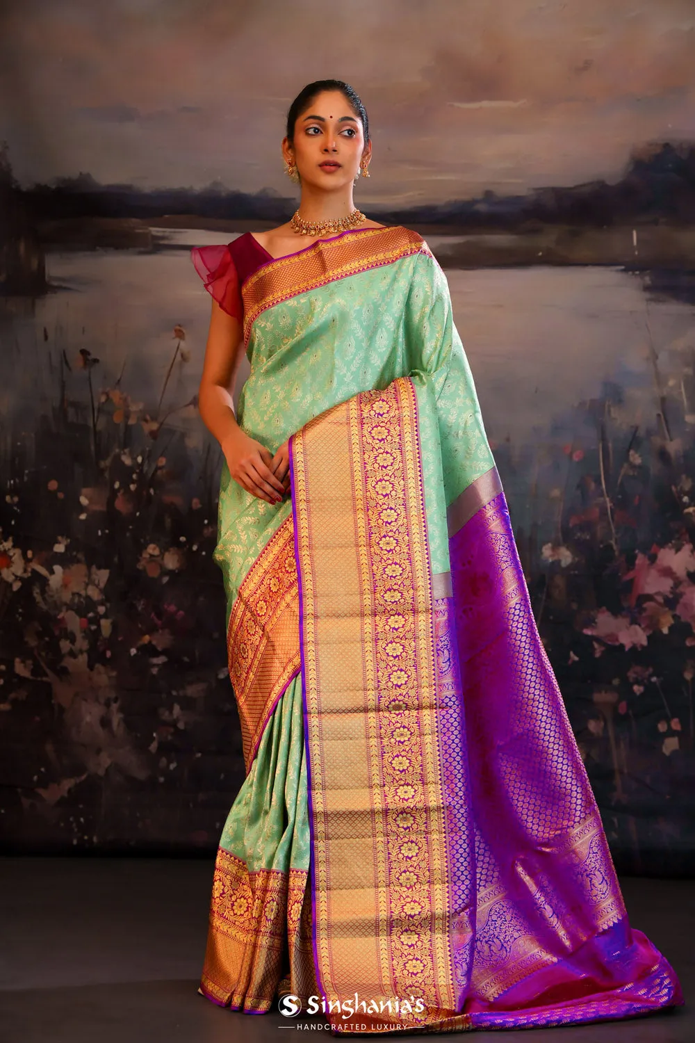 Turquoise Green Jaali Kanjivaram Silk Saree