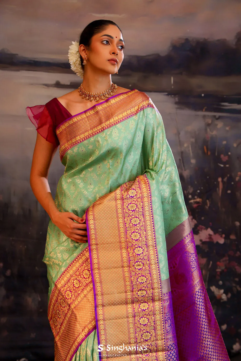 Turquoise Green Jaali Kanjivaram Silk Saree