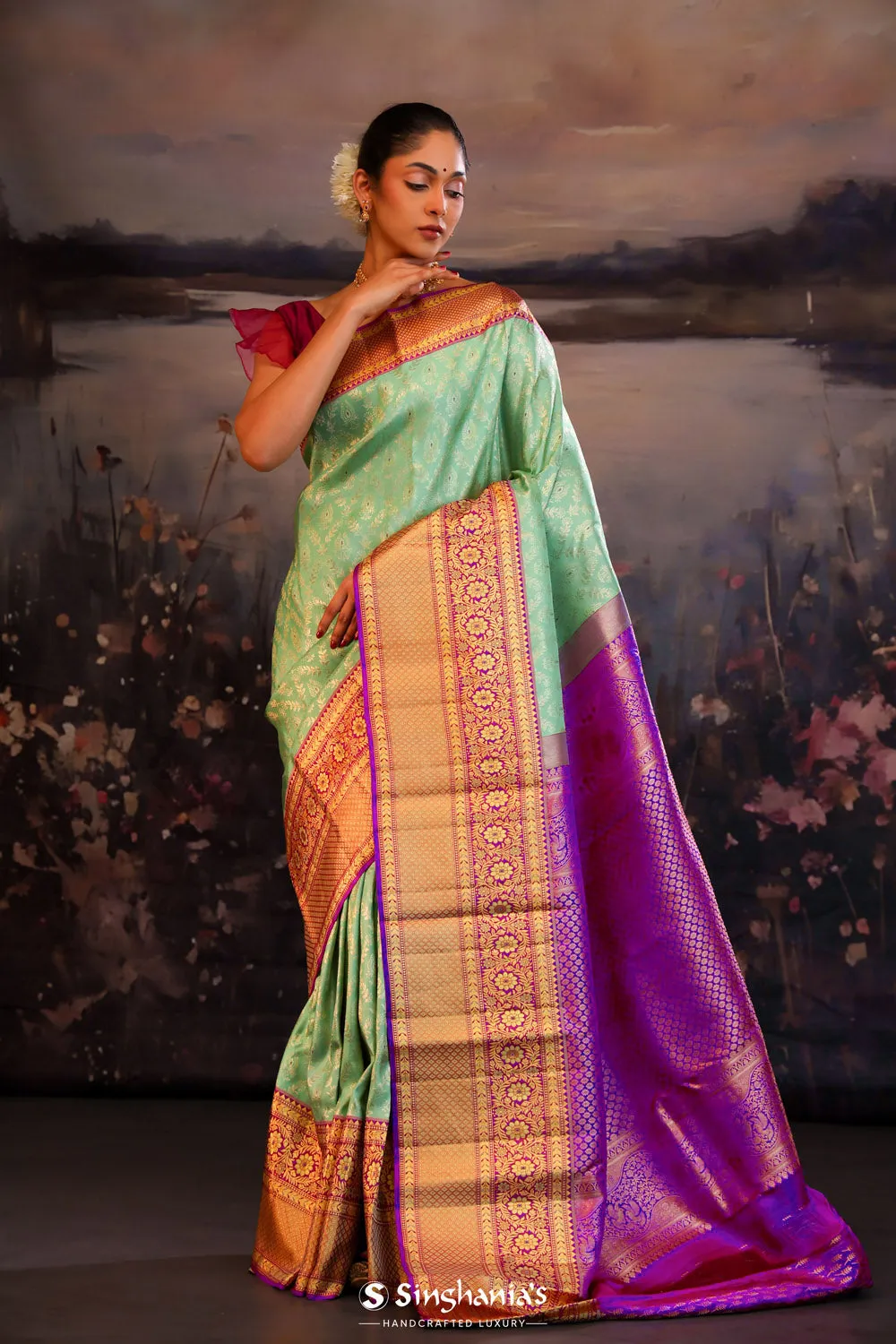 Turquoise Green Jaali Kanjivaram Silk Saree