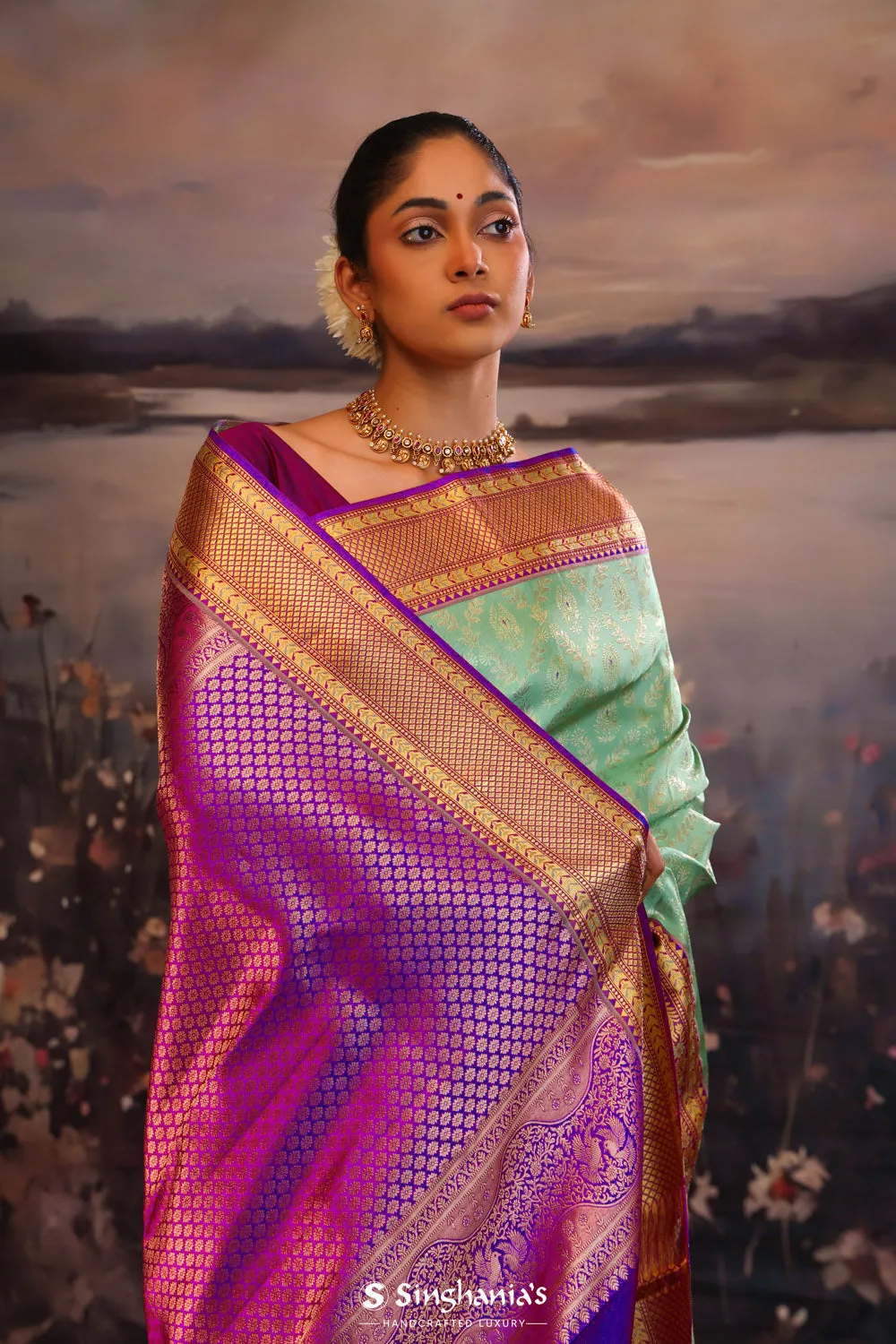 Turquoise Green Jaali Kanjivaram Silk Saree