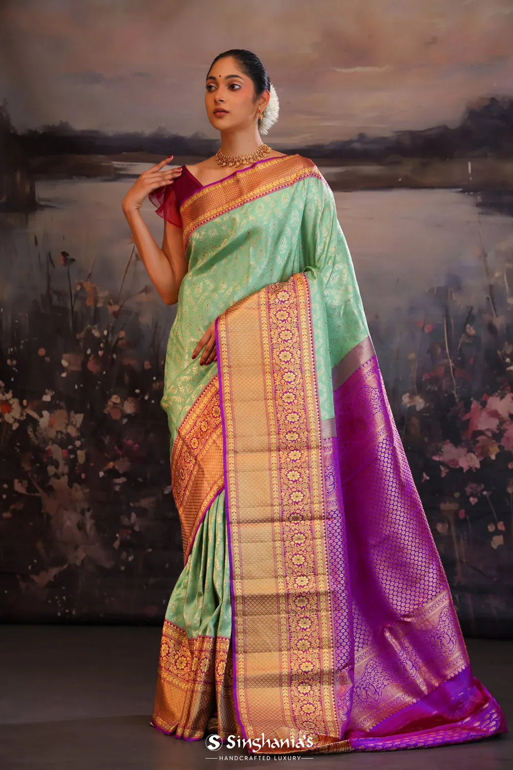 Turquoise Green Jaali Kanjivaram Silk Saree