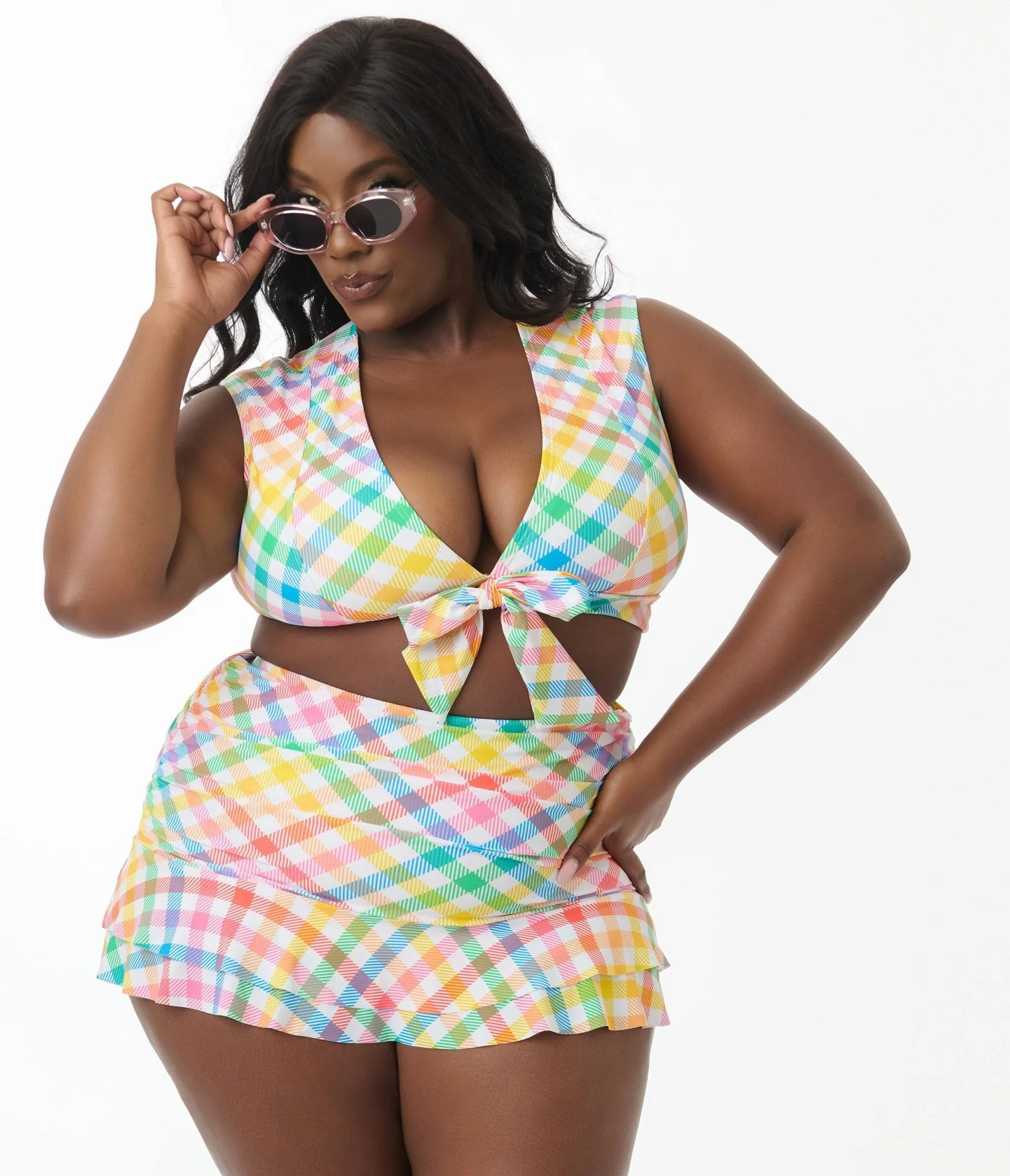 Unique Vintage Plus Size Bright Rainbow Gingham Swim Top